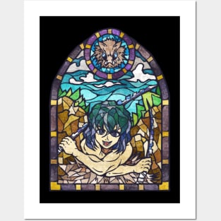 Anime Illustration Inosuke Demon Slayer Stained Glass Style Posters and Art